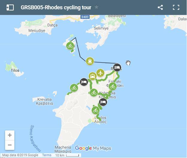 Mapa rutas en bici en Rodas Grecia