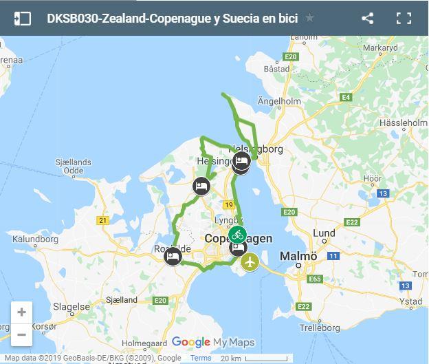 Mapa rutas en bici por el norte de Dinamarca y Suecia