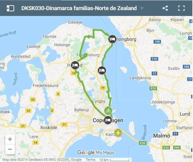 Mapa rutas en bici con niños por el norte de Zealand