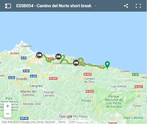 Mapa Camino Norte en bicicleta de Llanes a Gijón