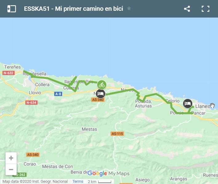 Mapa ruta en bici de Poo de Llanes a Nueva