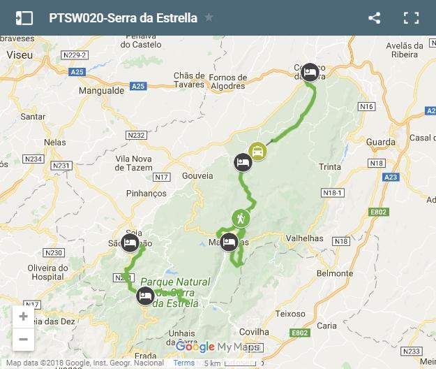Mapa rutas senderismo en Serra de Estrela 