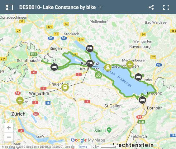 Mapa ruta alrededor del Lago Constanza en bicicleta
