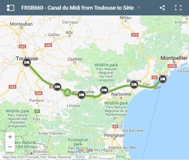 Mapa Canal de Midi en bicicleta