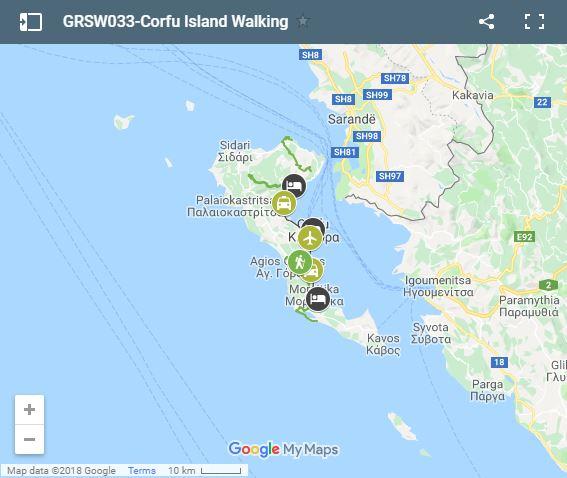Mapa rutas a pie en Corfu