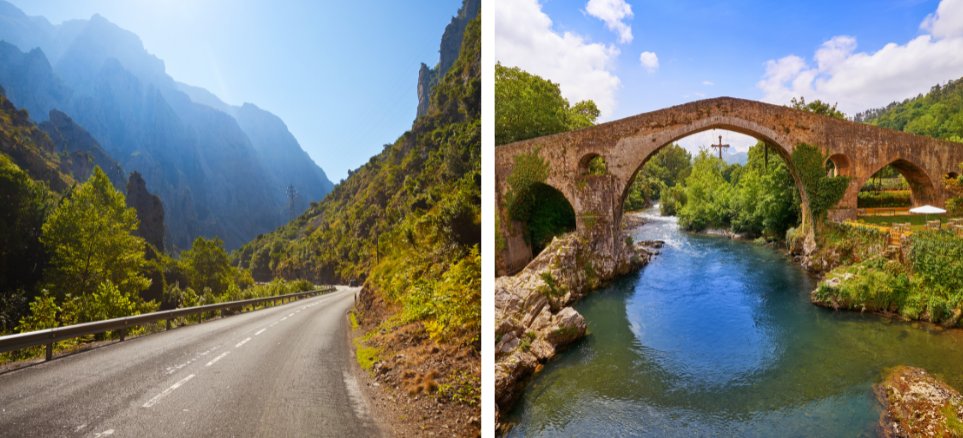 Dos fotos: desfiladero de la Hermida y Puente Romano en Cangas